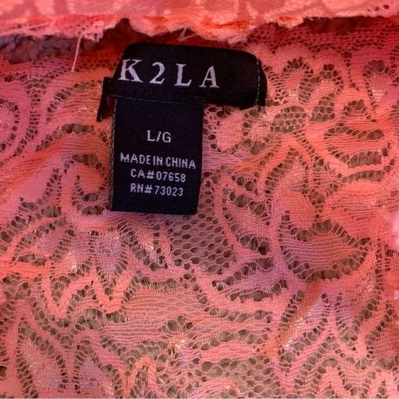 Uk2la peach pink lace stretchy V-neck sleeveless top crisscross L clubwear NWOT - Picture 4 of 9